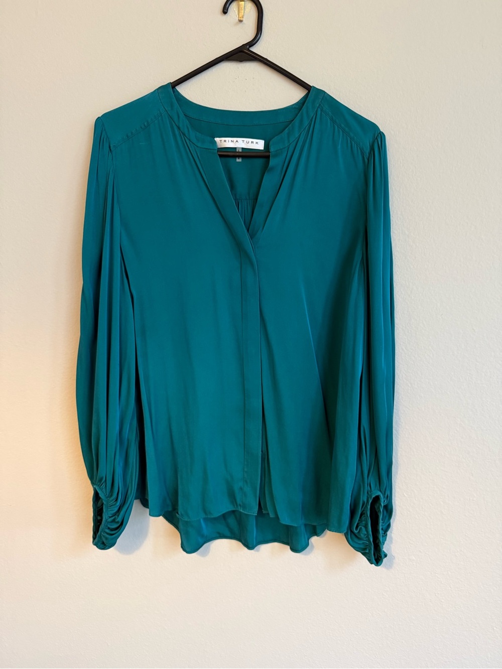 Trina Turk Teal V-Neck Long Sleeve Blouse